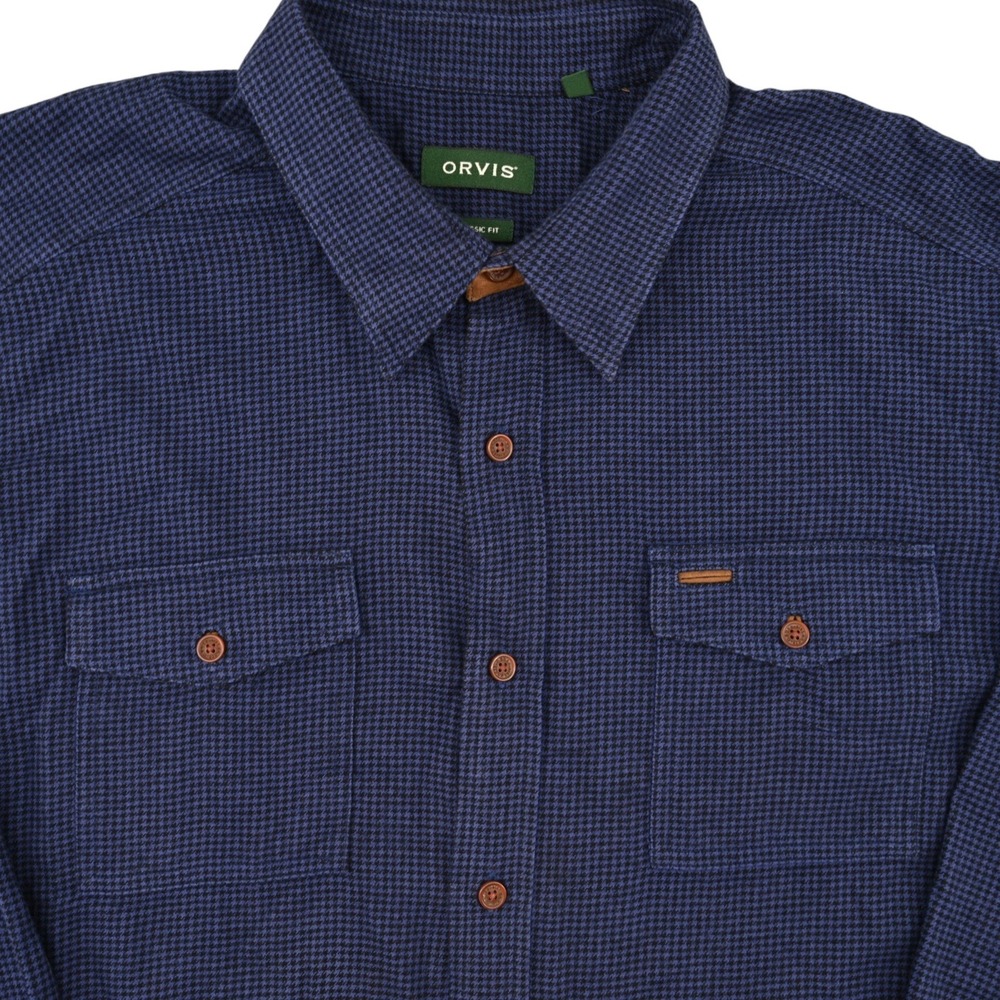 Orvis Mens XXL Flannel Shirt Blue Black Houndstooth Faux Suede Trim Classic Fit